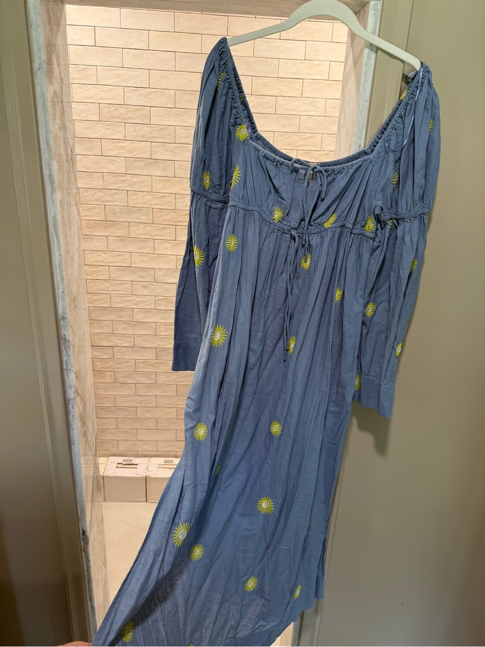Free People Blue Off-the-Shoulder Maxi Dress with Yellow Sunburst Embroidery